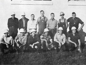 1958 Linemen Crew First Row (l to r): Ray Owen, Foreman; Carroll Barnes, Russell Swenson, Glen Davis, Clell King, Donald Freeman Second Row (l to r): Gustav Swenson, Alvin Stell, Outside Plant Superintendent; Jack Yocum, Earl Malmgren, Mark Walraven, Earnest Robinson, Earl Hill